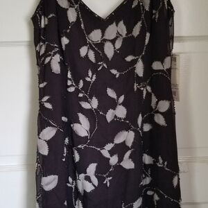 NWT Y2K Black Tie Oleg Cassini Brown Slip Dress w Beaded Dove Grey Leaves Sz 4